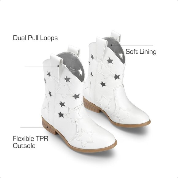 Girls White  Cowgirl Mid Calf Glitter Western Boots Toddler Star  Riding Shoes - Picture 3 of 6